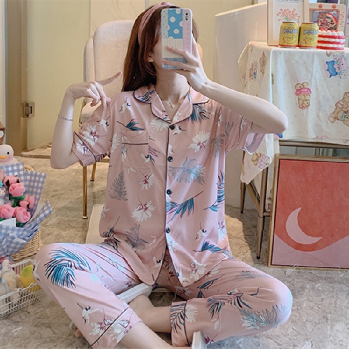 Bộ Đồ Ngủ Tay Ngắn Chất Liệu Cotton In Họa Tiết Xinh Xắn Thời Trang Cho Nữ