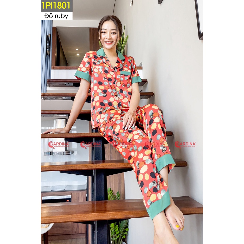 Bộ Pijama Nữ 𝐂𝐀𝐑𝐃𝐈𝐍𝐀 Chất Lụa Satin Nhật Cao Cấp Quần Dài, Áo Cộc Tay Họa Tiết Tinh Tế, Trẻ Trung 1Pi18.