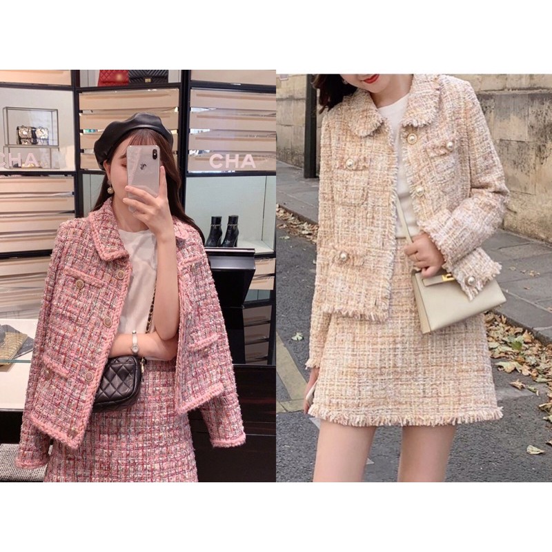 (SẴN SET HỒNG M) Set áo khoác váy dạ tweed cúc ngọc tiểu thư [Ảnh thật 3-9]