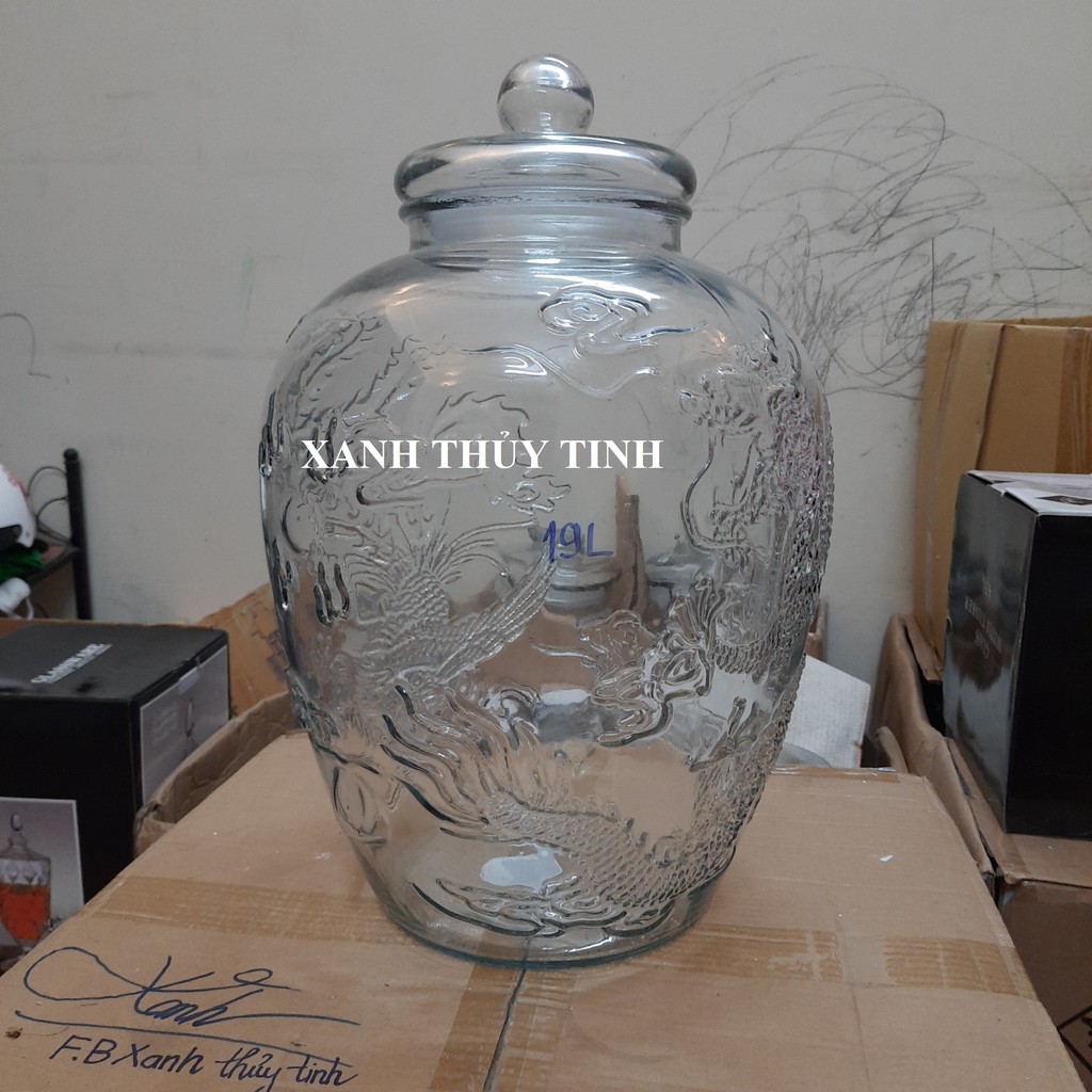 Chum thủy tinh họa tiết rồng phượng, dày dặn - Dung tích - 19 lít