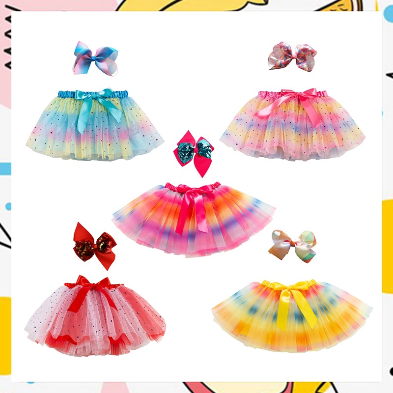 Chân Váy Xòe Tutu Nhiều Lớp Màu Cầu Vồng Thắt Nơ Cho Bé Gái