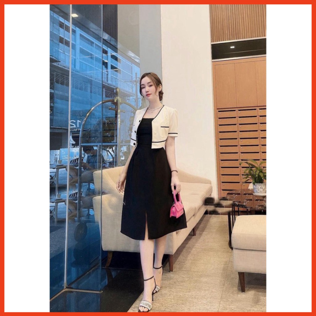 Sale  bất ngờ set váy 2 dây đen xoè mix áo khoác croptop siêu sinh