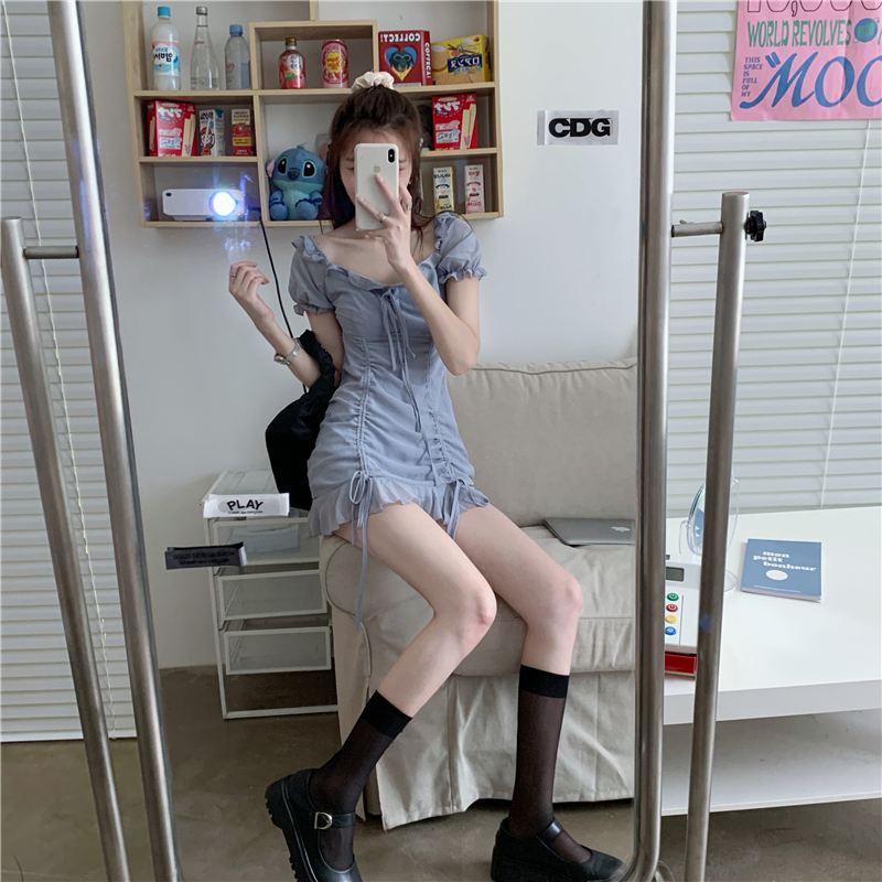 Xiaozhainv Đầm chiffon tay ngắn cổ vuông phong cách Hàn Quốc trẻ trung thời trang cho nữ | BigBuy360 - bigbuy360.vn