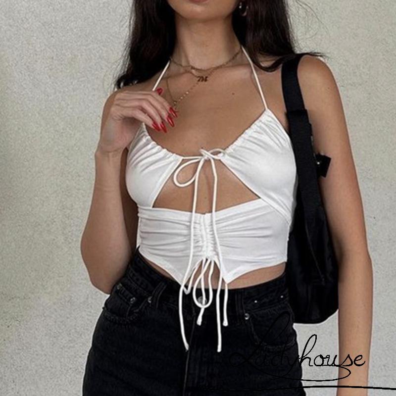 Áo Crop Top Hai Dây Màu Trơn Hở Lưng Gợi Cảm Cho Nữ