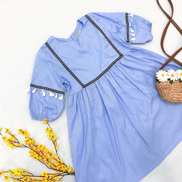 Đầm váy babydoll xanh thổ cẩm (kèm hình thật)