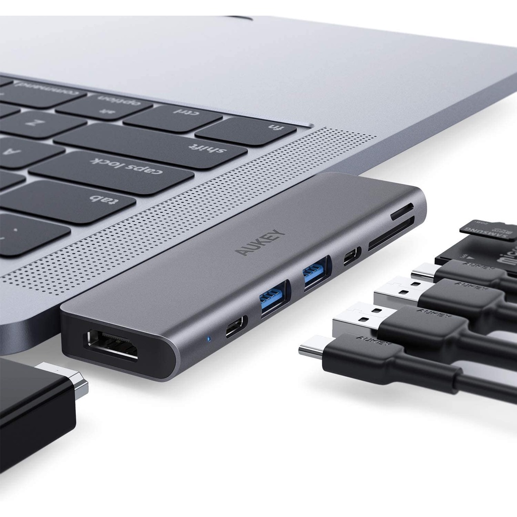 Hub chia cổng AUKEY CB-C76 7 trong 1 cổng Type C sang  USB3.0 A*2+type C*2+HDMI+TF/SD cho MacBook Air 2018/2019 and MacBook Pro 2016–2019