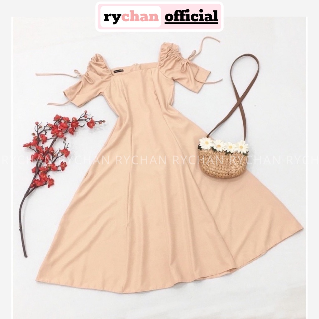 Đầm Váy Nữ Dự Tiệc Sang Trọng Cổ Vuông Dáng Xòe Tay Nhún Ngắn Phối Dây Thắt Nơ Nữ Tính Màu Kem [ẢNH THẬT CUỐI] - DX9778
