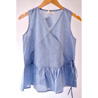 Áo Poplin Flounce Tủ Nhà Mây không tay buộc dây Xanh trơn, Xanh Kẻ