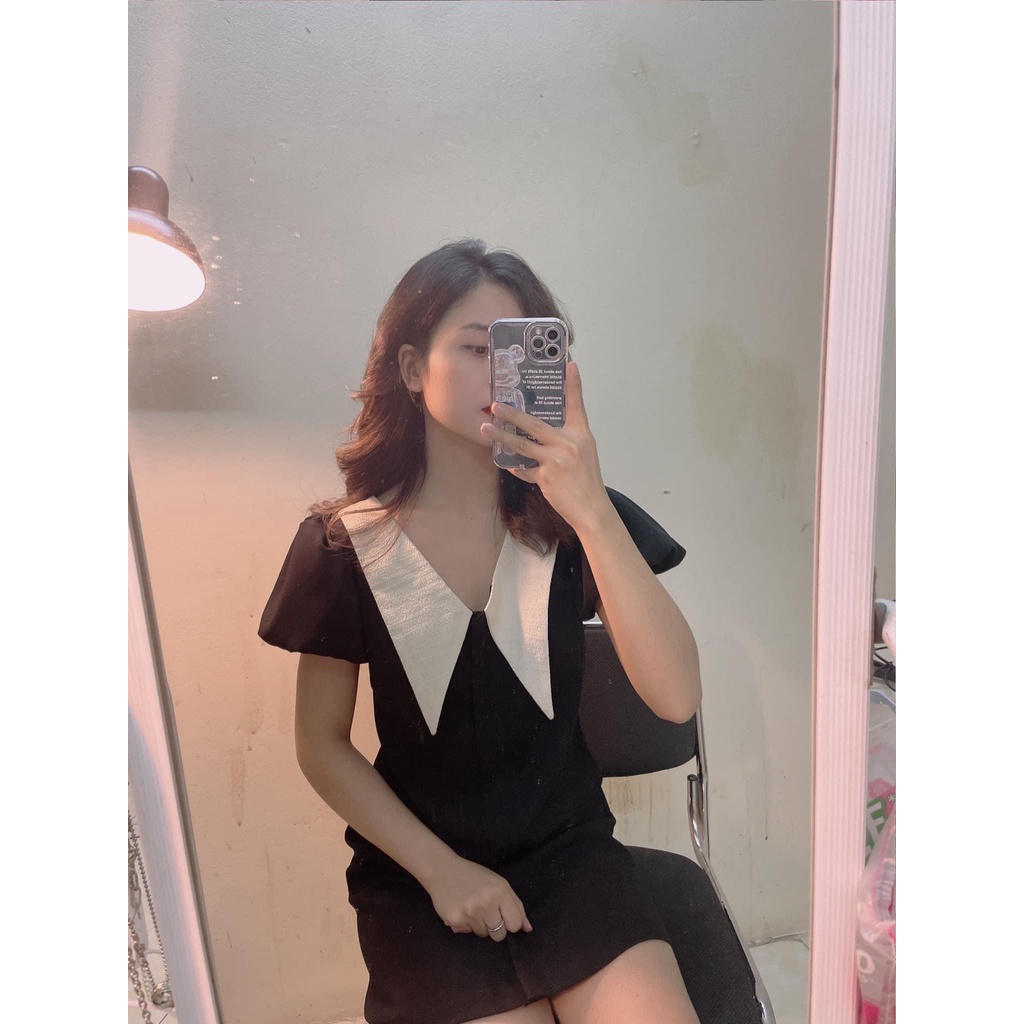 [SẴN/ VIDEO THẬT] Đầm Váy Đen Cổ Chéo Trắng Túi Nắp Đầm Váy Chữ A | BigBuy360 - bigbuy360.vn