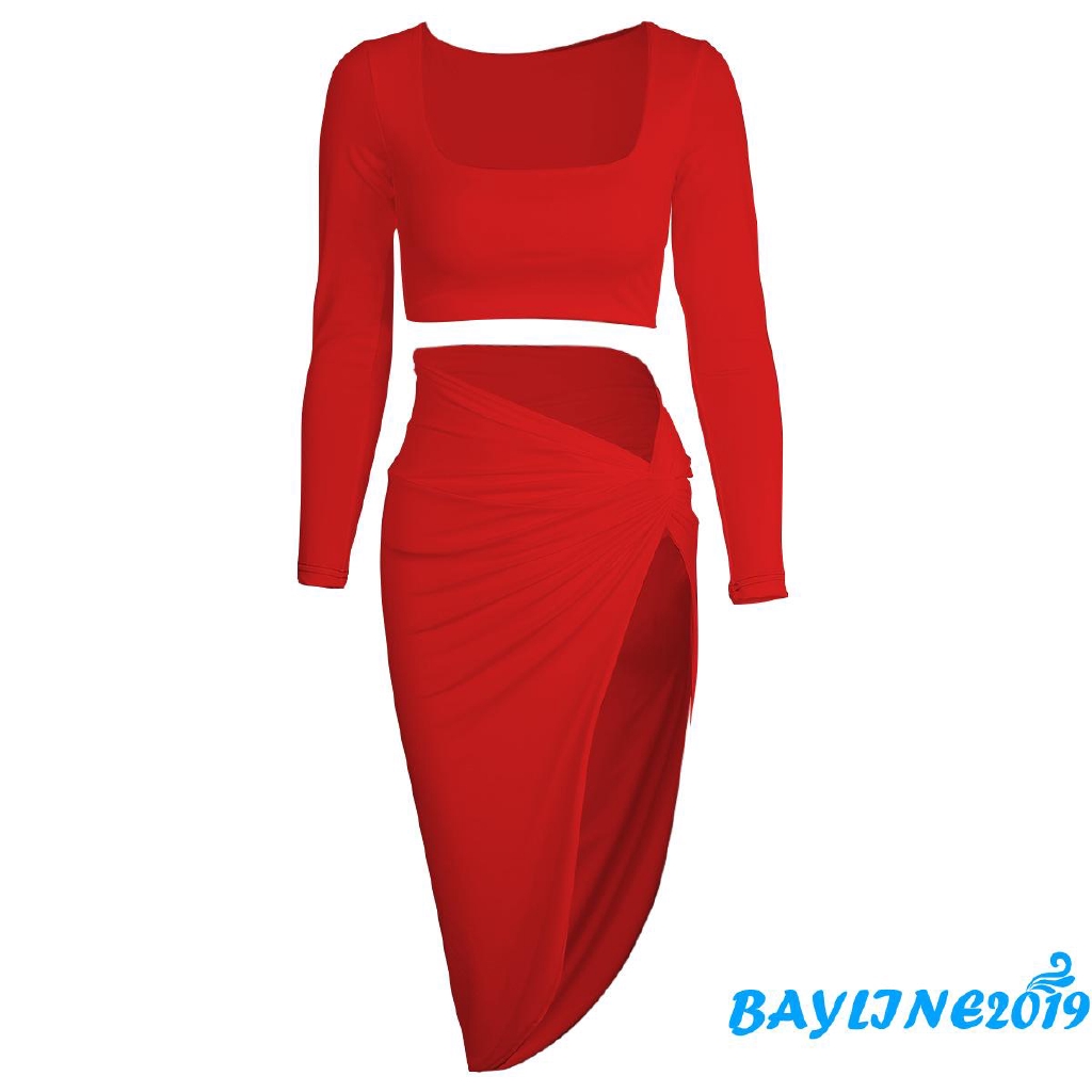 Set trang phục 2 mảnh gồm áo lửng cổ vuông tay dài và chân váy dài xẻ tà tới đùi màu trơn dành cho nữ | BigBuy360 - bigbuy360.vn