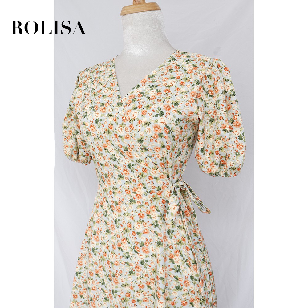 Đầm váy nữ hoa nhí dáng dài, cổ chéo dễ thương, xinh xắn Rolisa RD049 | BigBuy360 - bigbuy360.vn