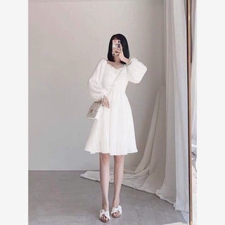 Đầm váy freesize trắng nút bọc cổ bèo