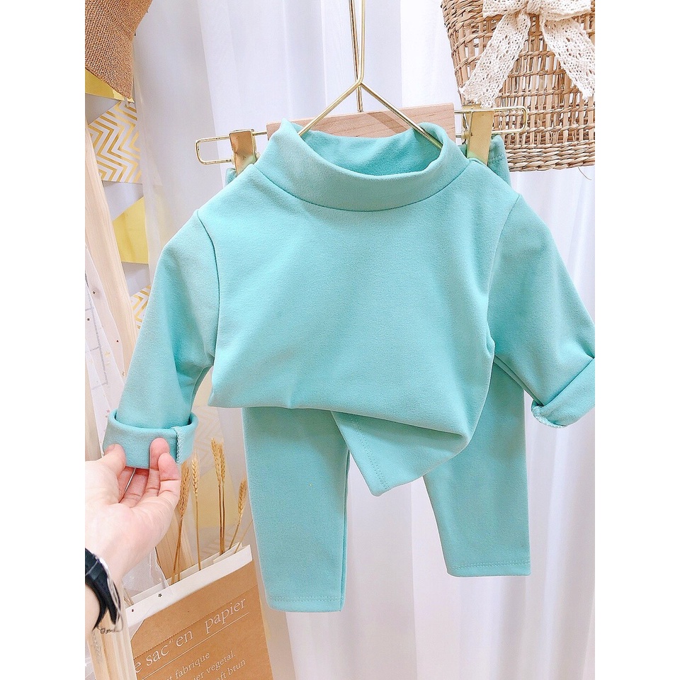 Bộ quần áo cotton giữ nhiệt HQ 2 mặt lông mềm mịn cho bé, Bộ thu đông cổ 3 phân giữ nhiệt cho bé