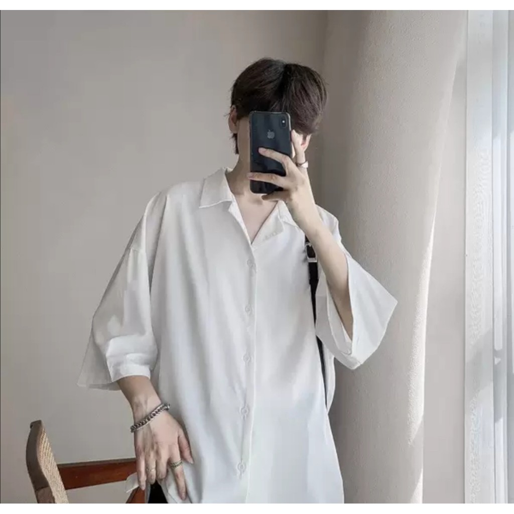 Áo sơ mi form rộng tay ngắn tay lỡ unisex nam nữ cá tính form Hàn Quốc vải lụa màu trắng đen xanh SMN02 | BigBuy360 - bigbuy360.vn