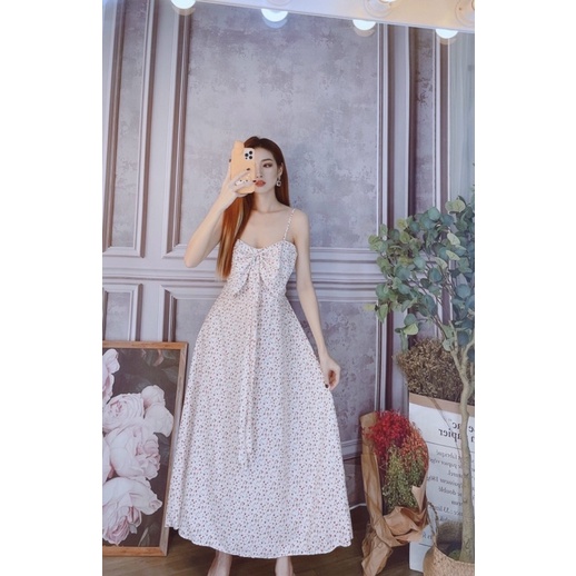 Đầm hoa 2 dây nơ dáng dài maxi-hình thật.