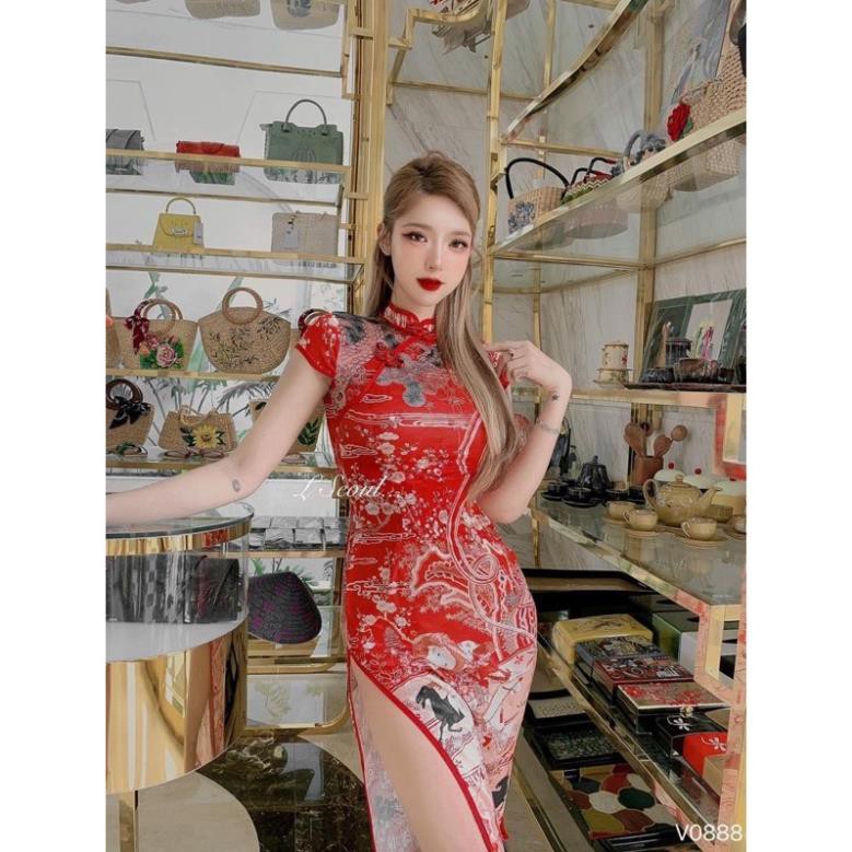 Đầm Body Đỏ Cổ Tàu, Sườn Xám Cách Tân Họa Tiết Ngày Tết Hàng Quảng Châu Form Dáng Siêu Đẹp. | BigBuy360 - bigbuy360.vn