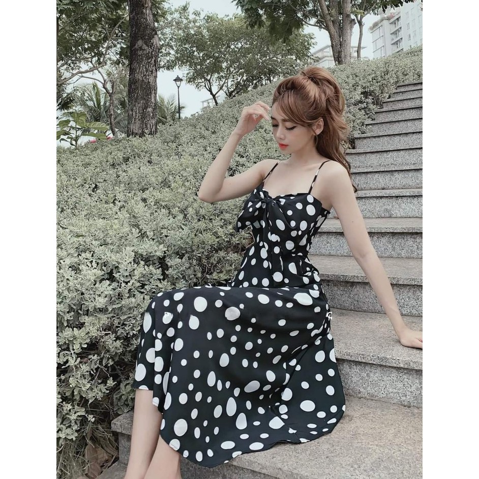 [Đầm Mới] Đầm Xòe 2 Dây Nơ Ngực Chấm Bi Có Túi (Có Mút Ngực) | BigBuy360 - bigbuy360.vn