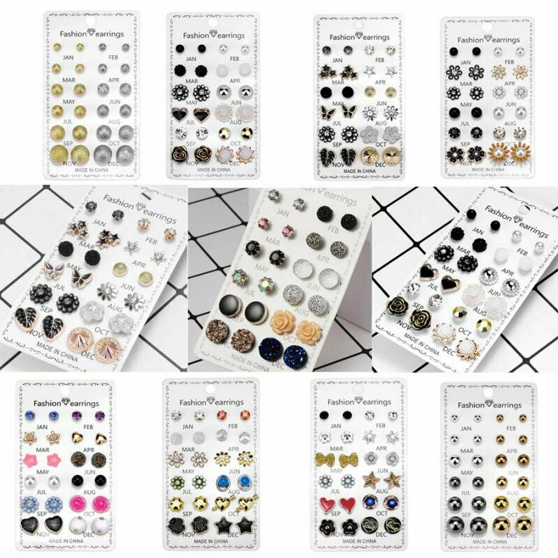 Set 12 Cặp Bông Tai 12 Tháng Hình Hoa Hướng Dương / Bướm Đính Đá Thời Trang