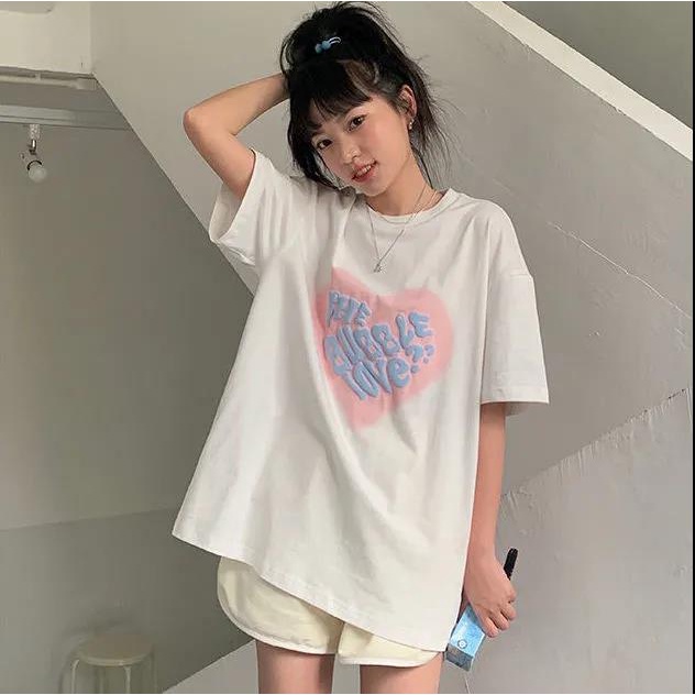 100% cotton Áo thun tay ngắn dáng rộng in hình trái tim phong cách hàn quốc đáng yêu thời trang mùa hè mới cho nữ 2023