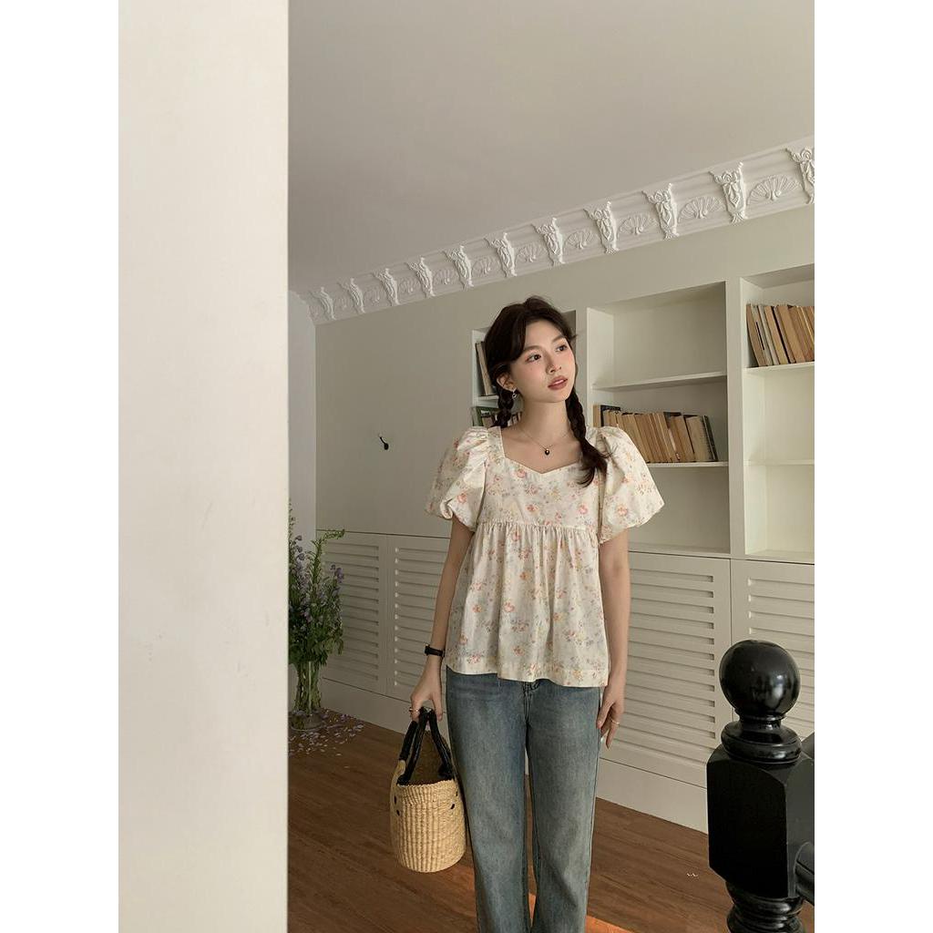 Áo Hoa Cổ Vuông Tay Phồng Dáng Rộng Thời Trang Hàn Quốc Sành Điệu 63561