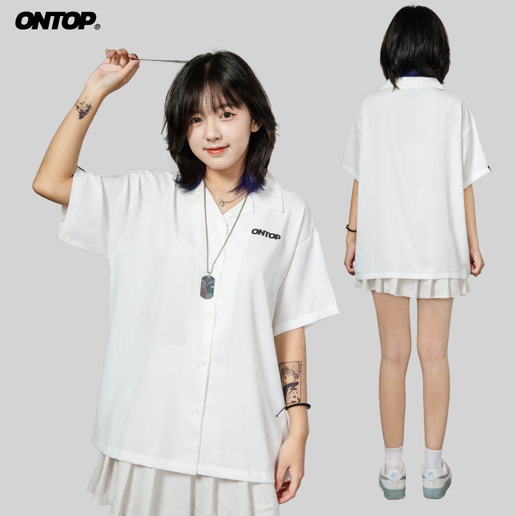 Áo sơ mi nữ form rộng tay lỡ, vải lụa mịn ít nhăn local brand ONTOP màu trắng - Basic Shirt