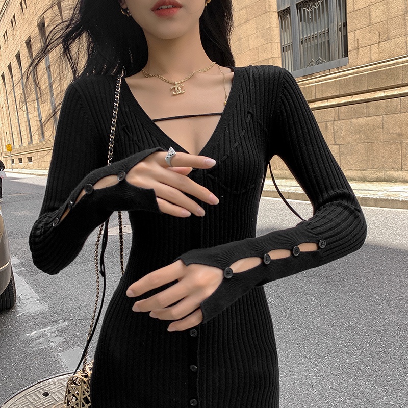 Cocory vn Đầm dệt kim tay dài cổ chữ V dáng ôm 4 màu gợi cảm cho nữ