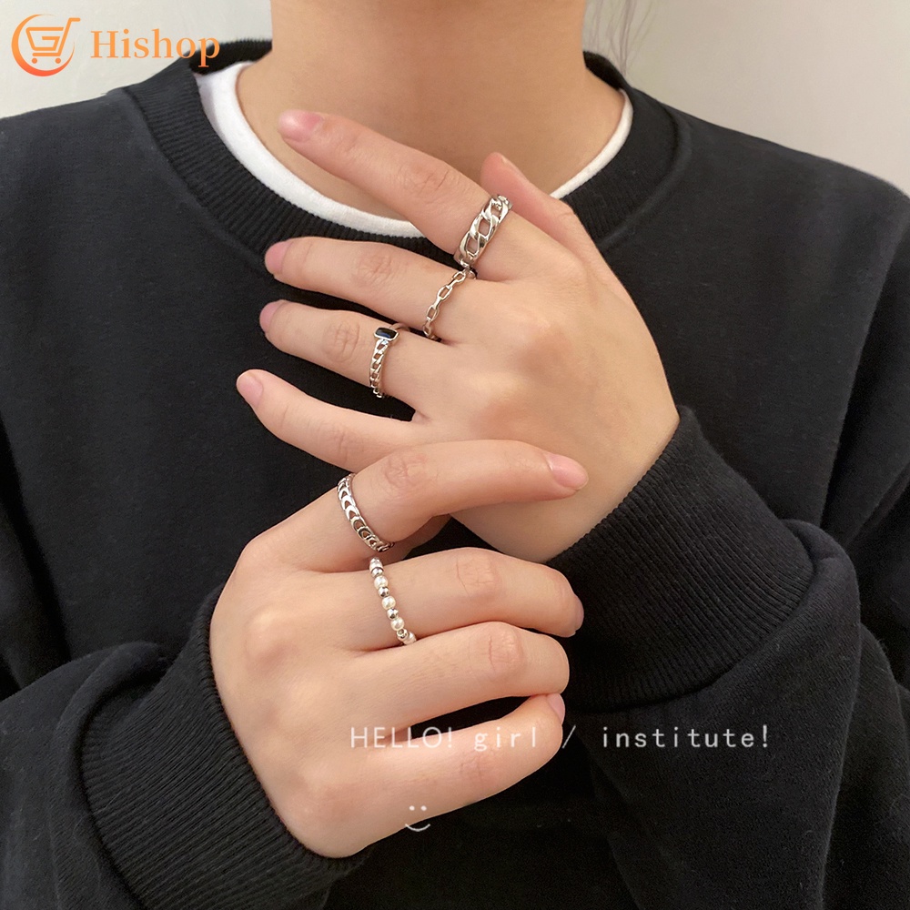 Bộ Nhẫn Màu Bạc Đính Đá Pha Lê Đen Phong Cách Cổ Điển