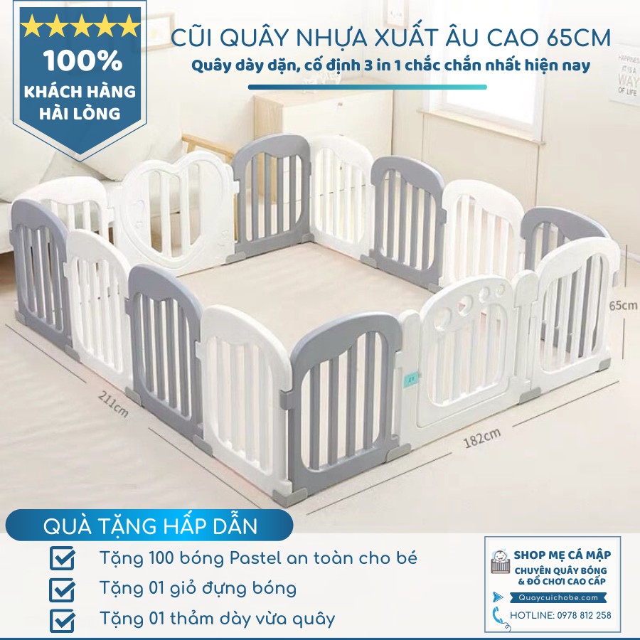 Quây Cũi Nhựa Bambi Kids Trắng Ghi Cao Cấp, Cũi Nhựa HDPE Không Mùi An Toàn Tuyệt Đối Cho Bé