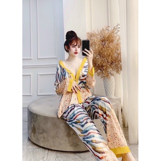 BỘ LỤA KIMONO CỔ V HỌA TIẾT 01 CAO CẤP