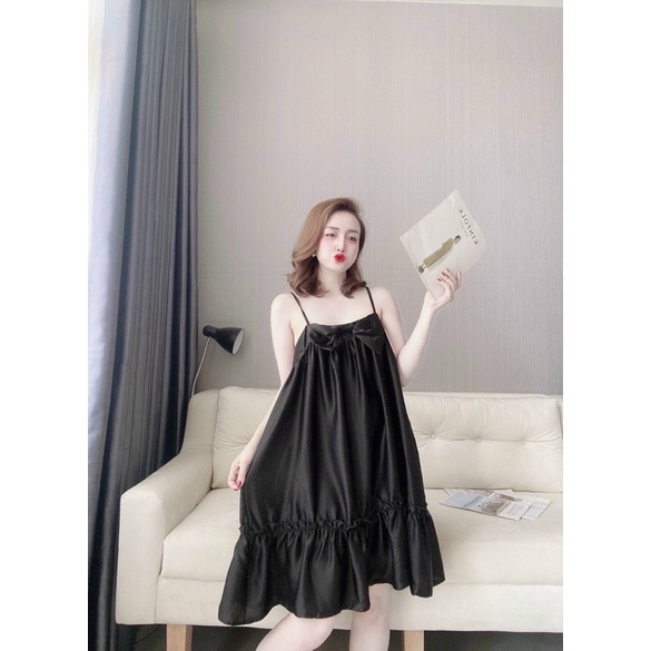 Váy đầm ngủ, đầm lụa 2 dây mặc nhà kèm quần