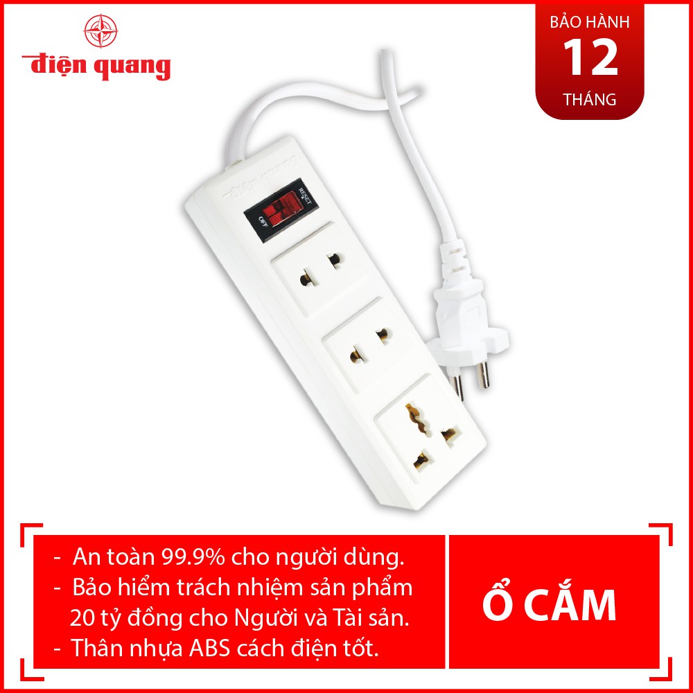 Ổ cắm 3 lỗ 1 công tắc Điện Quang ĐQ 002A-02 (3 lỗ) dây dài 2m 5m