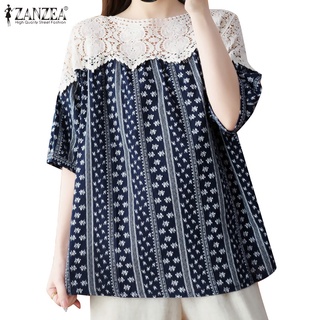 Áo kiểu Zanzea tay lửng cổ tròn phối ren hoa cho nữ