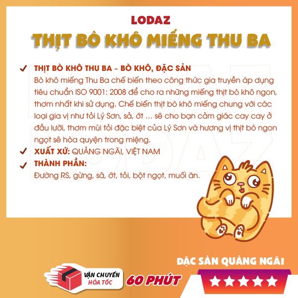 Bò khô miếng Thu Ba, đặc sản Quảng Ngãi, đồ ăn vặt Hà Nội gói 100g