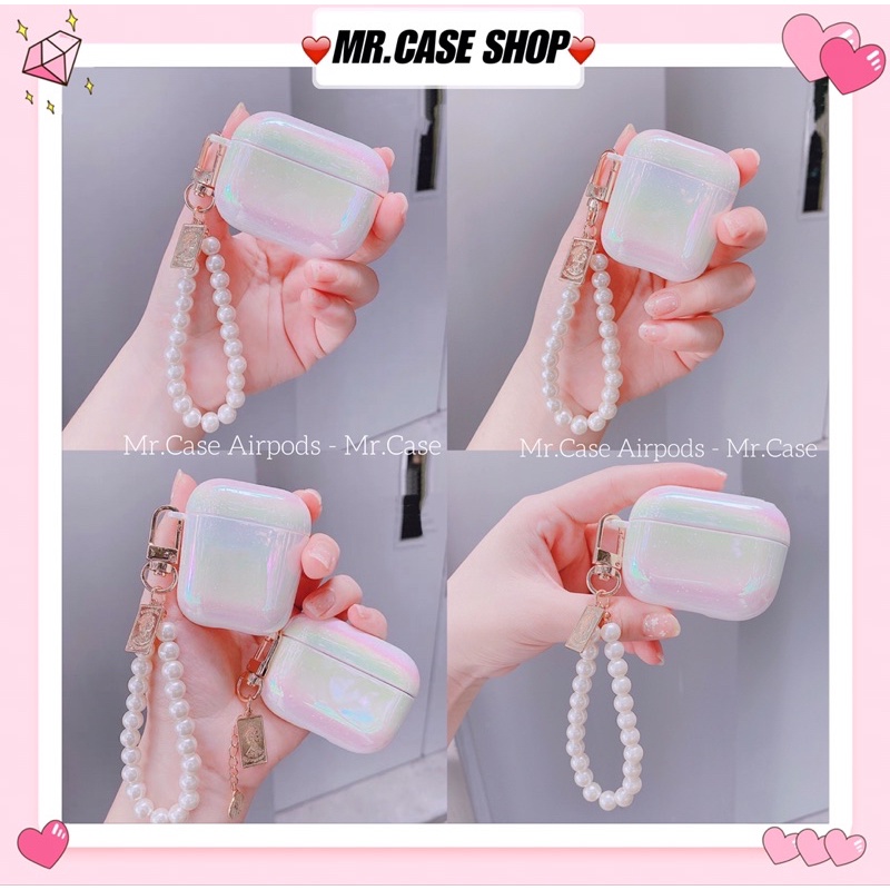 Vỏ bọc bảo vệ màu ánh Trắng Kèm Chuỗi Dài cho hộp sạc tai nghe Airpods 1 / 2 Pro - Mr.Case Airpods
