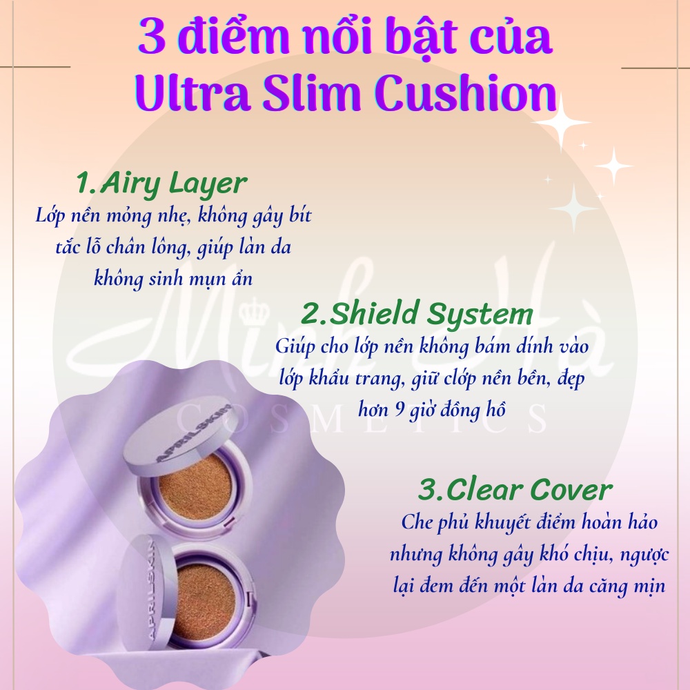 Phấn nước Aprilskin Ultra Slim Cushion 30g ( kèm lõi refill ) giúp lưu giữ lớp nền đến 9h