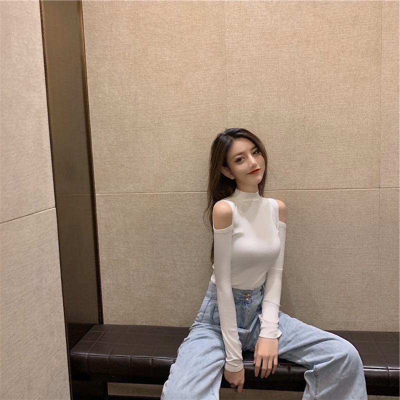 Áo thun nữ hở vai sexy cổ lọ 3cm 3p thun gân tăm dày dặn mặc thu đông