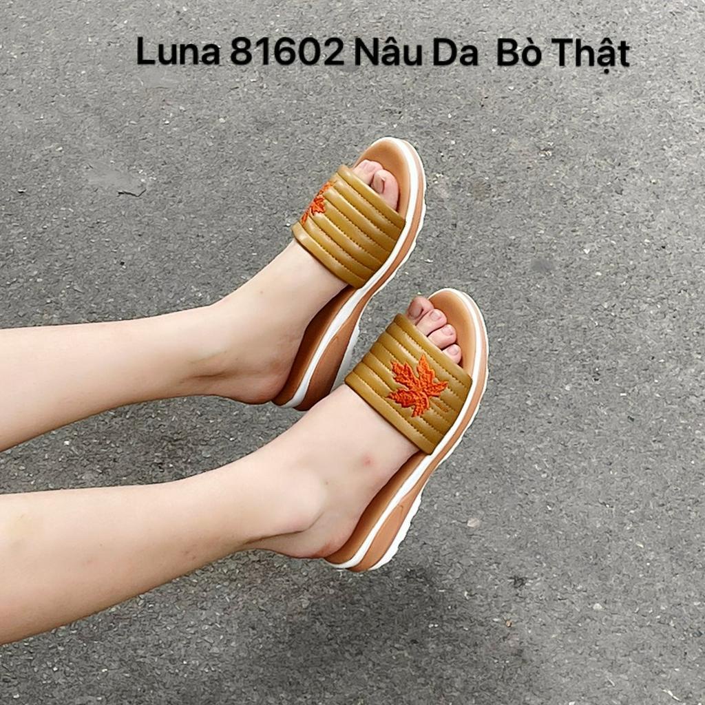 Dép nữ đế bánh mì cao 3p LUNASHOES 81602 quai ngang da bò thật êm chân hở mũi họa tiết hoa lá phối đồ đẹp