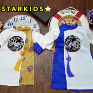 Áo Dài Cách Tân Bé Trai Chất Phi Mờ In Đồng Tiền Cát Tường Phối 2 Màu Thời Trang