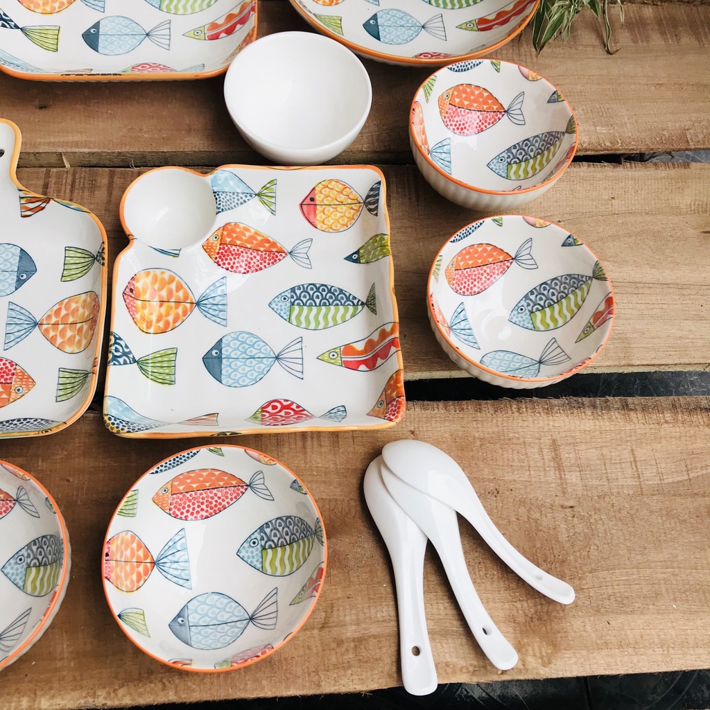 Chén Dĩa Dễ Thương Đĩa Sứ Set Bát Đĩa Decor Bát Ăn Cơm Chén Sứ Đẹp bộ bát cá màu xinh yêu, cute