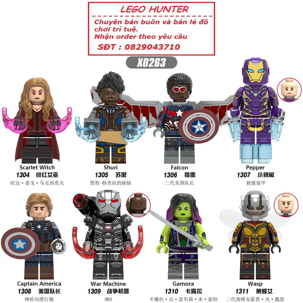 Lego Marvel Minifigures Nhân vật Captain America Falcon Scarlet Witch Shuri Pepper Warmachine Gamora Wasp X 0263