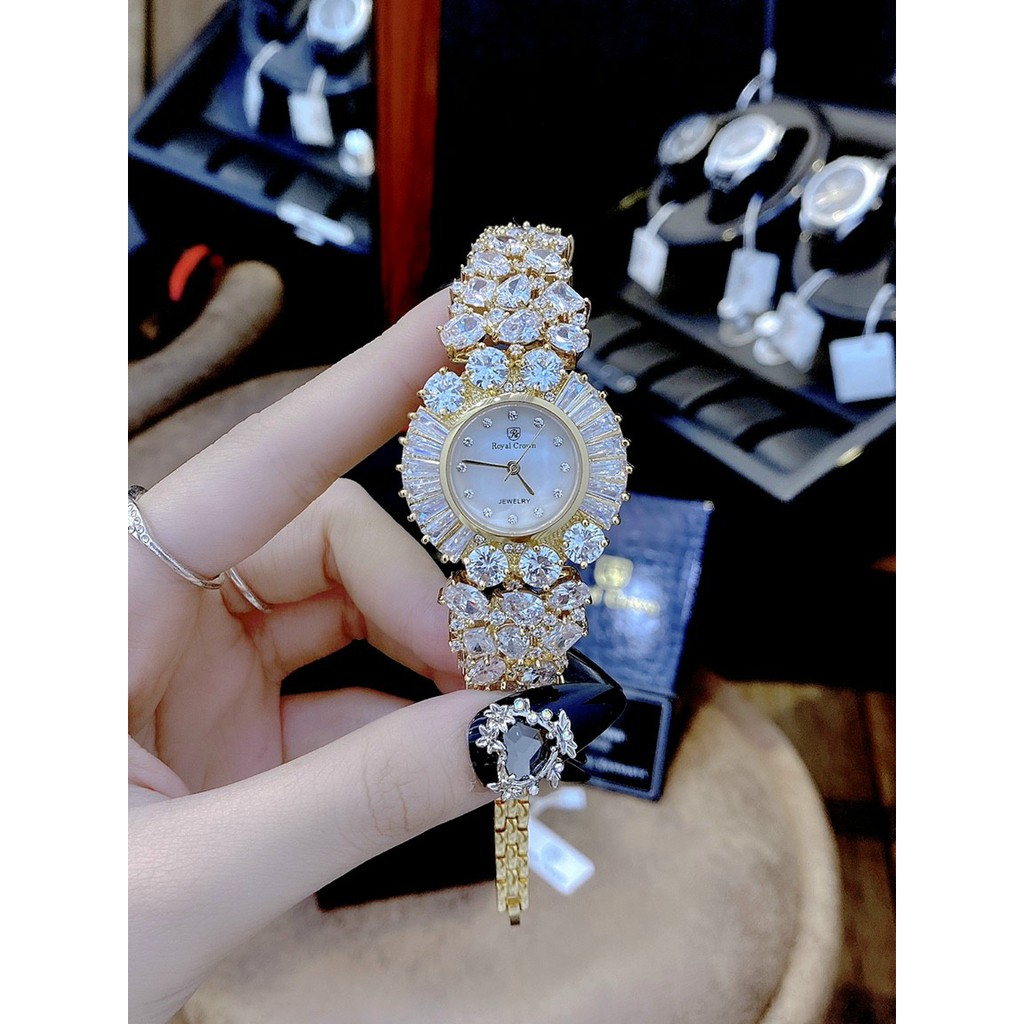 Đồng hồ nữ chính hãng, đồng hồ đeo tay nữ ROYAL CROWN full box đính kim cương nhân tạo cực kỳ cao cấp, sang trọng