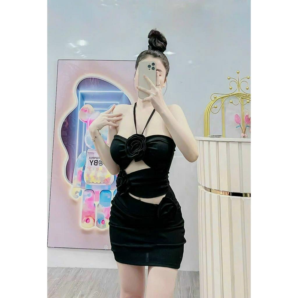Đầm body cut out nhún thân kèm hoa dây , chất thun co giãn. Có sẵn