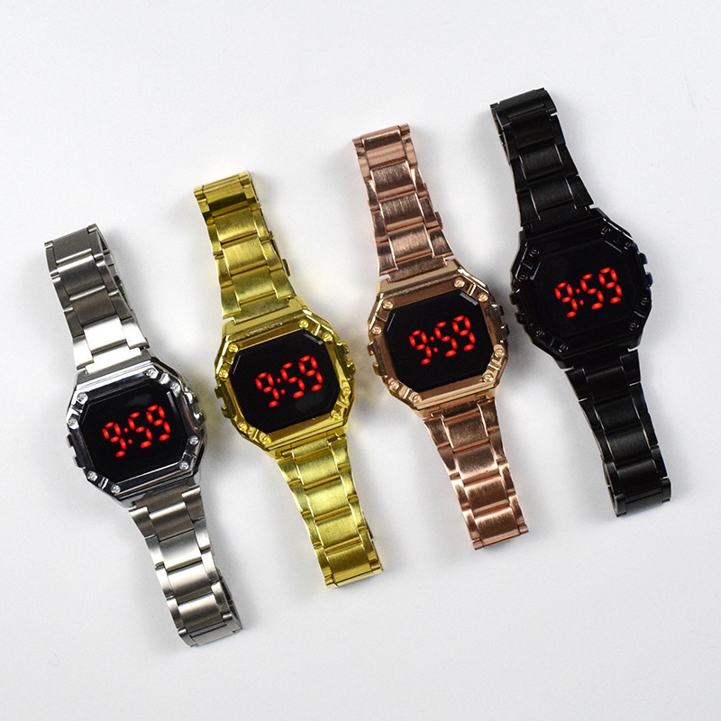 Đồng Hồ LED Dây Thép Mặt Vuông Thời Trang Cho Nam Nữ