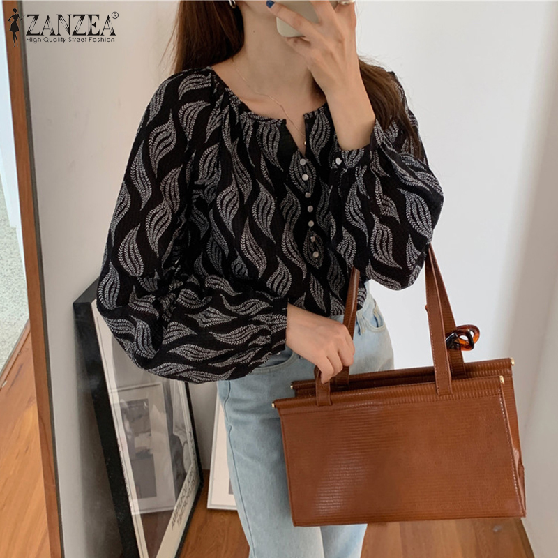 Áo ZANZEA tay dài cổ chữ O họa tiết hình học trang trí xếp ly trẻ trung cho nữ