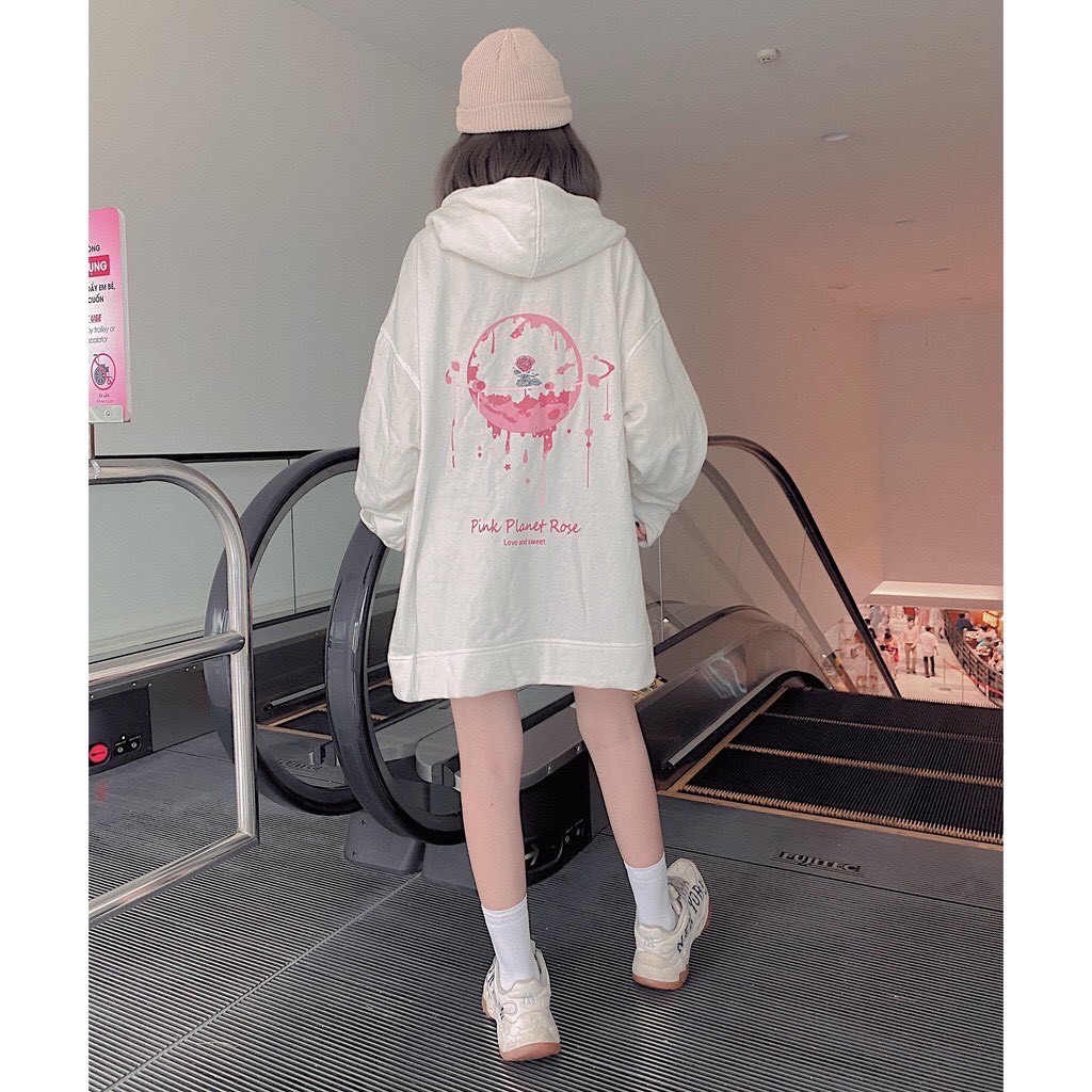 Áo Khoác Nỉ Form Rộng Pink Planet Rose Unisex Phối Dây Kéo Khóa 2 Màu Đen Trắng Ulzzang, Labibi