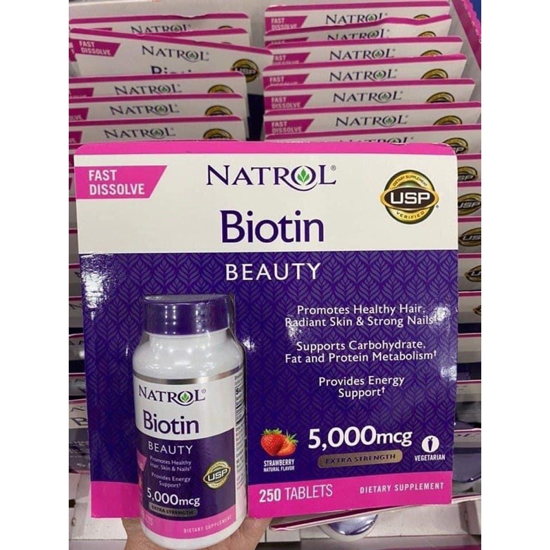 Viên ngậm Biotin 5000mcg hương dâu hãng Natrol Mỹ