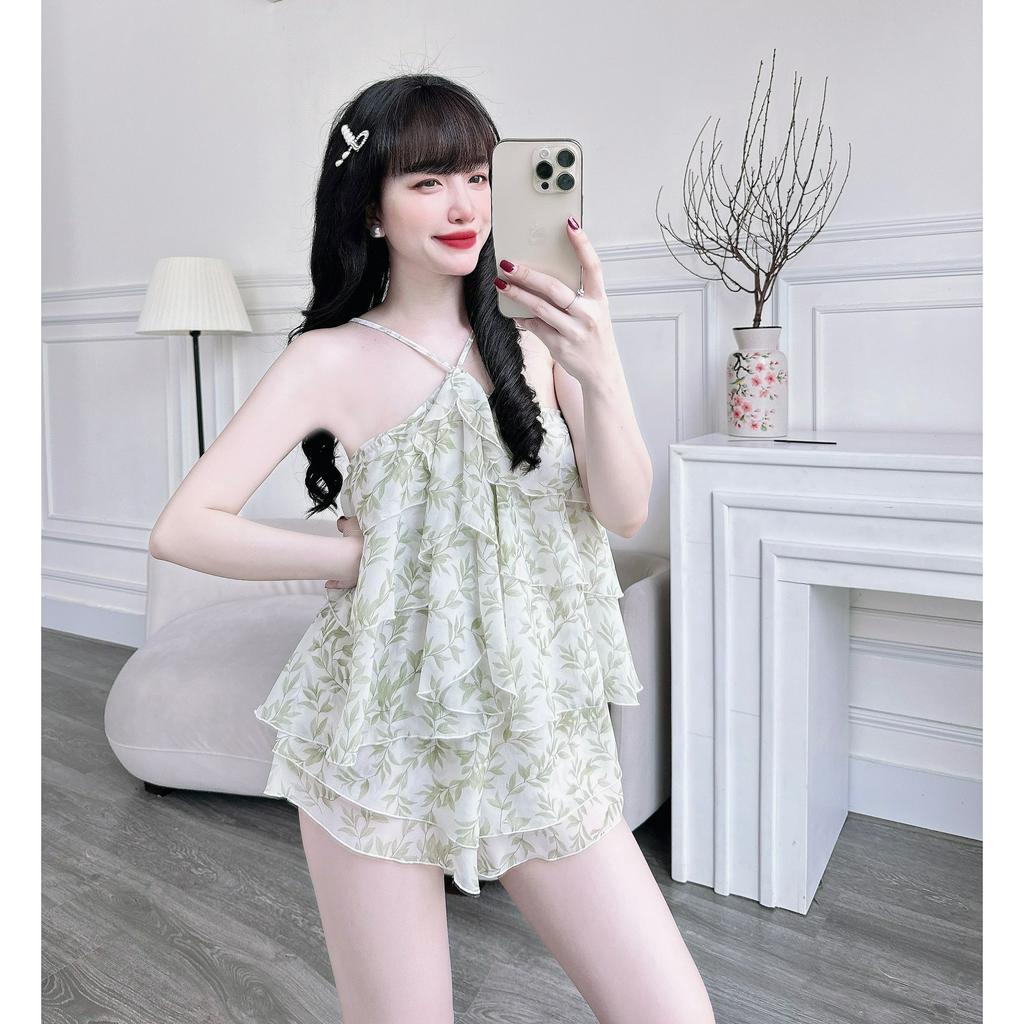 👉👉SIÊU PHẨM ĐỒ NGỦ 👉👉Sét áo gấp ly chiffon voan quần đùi lụa cao cấp freezie 60kg