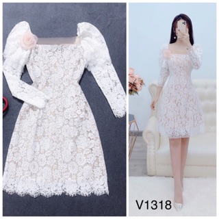 Váy ren trắng 2 lớp cổ vuông V1318 - DVC thời trang thiết kế cao cấp