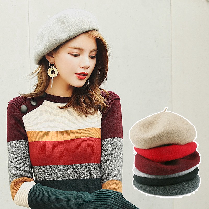 Nón Beret vải nỉ giữ ấm mùa đông phong cách Hàn Quốc