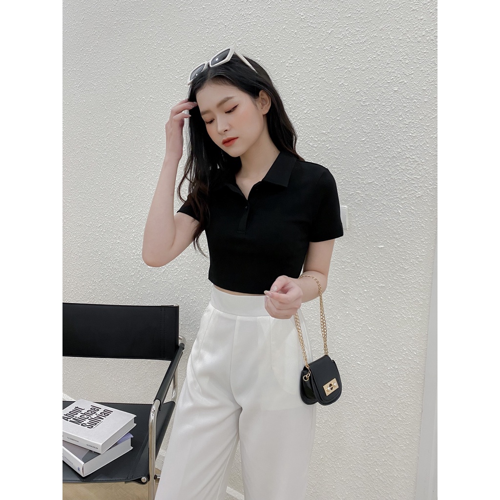 Áo phông croptop chất cotton thiết kế by LYRA, thun polo basic cổ bẻ dáng ôm trơn xinh xắn-LWBAP025